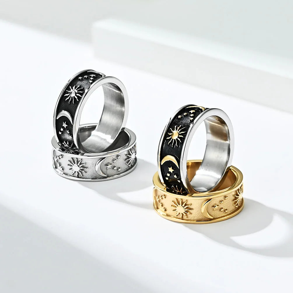 Factory Price Classic Bohemian Style Women Waterproof Stainless Steel Jewelry Moon Star Sun Ring for Weddings