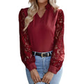 Autumn Women Lace Shirt Long Sleeve Blouse Solid Color V-neck Slim-fit Blouse for Women