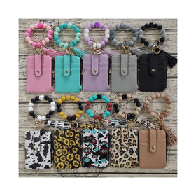 Wholesale Leopard Print Card Bag PU Leather Wallet Women's Keychain Wood Silicone Bead Bracelet Zip Bag Wallet Keychain