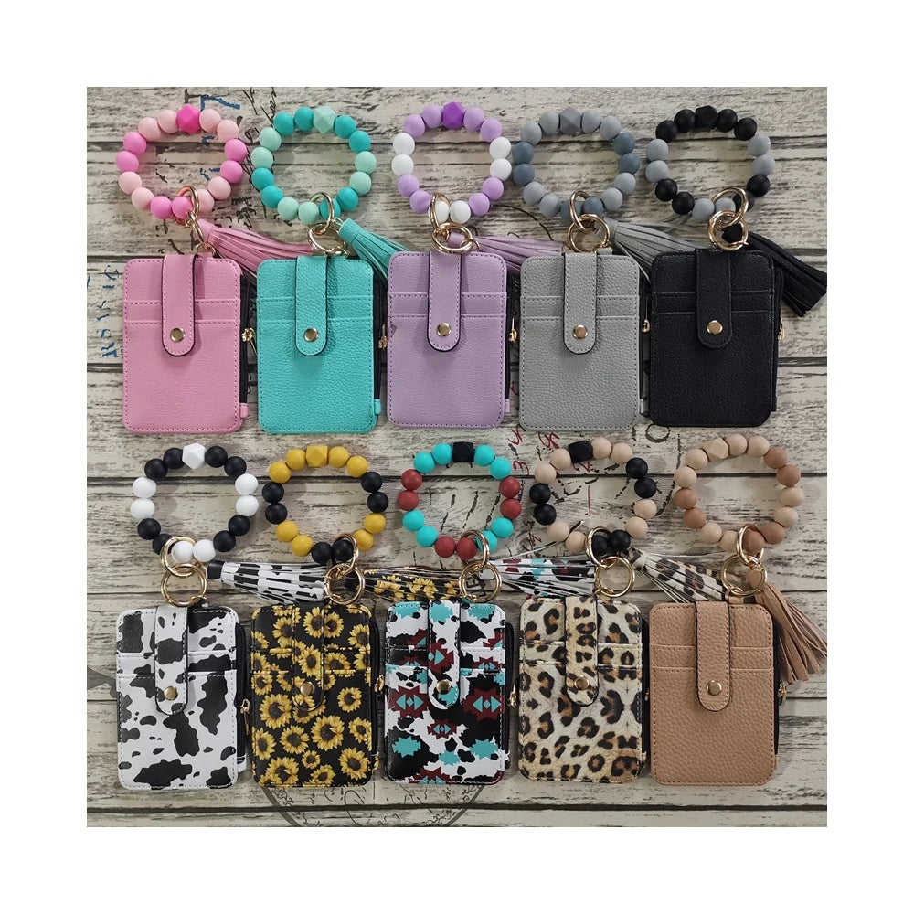 Wholesale Leopard Print Card Bag PU Leather Wallet Women's Keychain Wood Silicone Bead Bracelet Zip Bag Wallet Keychain