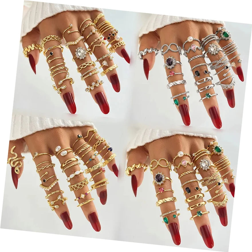 New Fashion Colorful Gemstone Pearl Zircon Ring Set for Women Jewelry