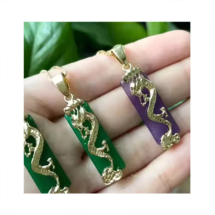 Jialin Jewelry 2021ins Chinese Wholesale Green Real Stone Agate Men or Women Green Jade Dragon Necklace Gold