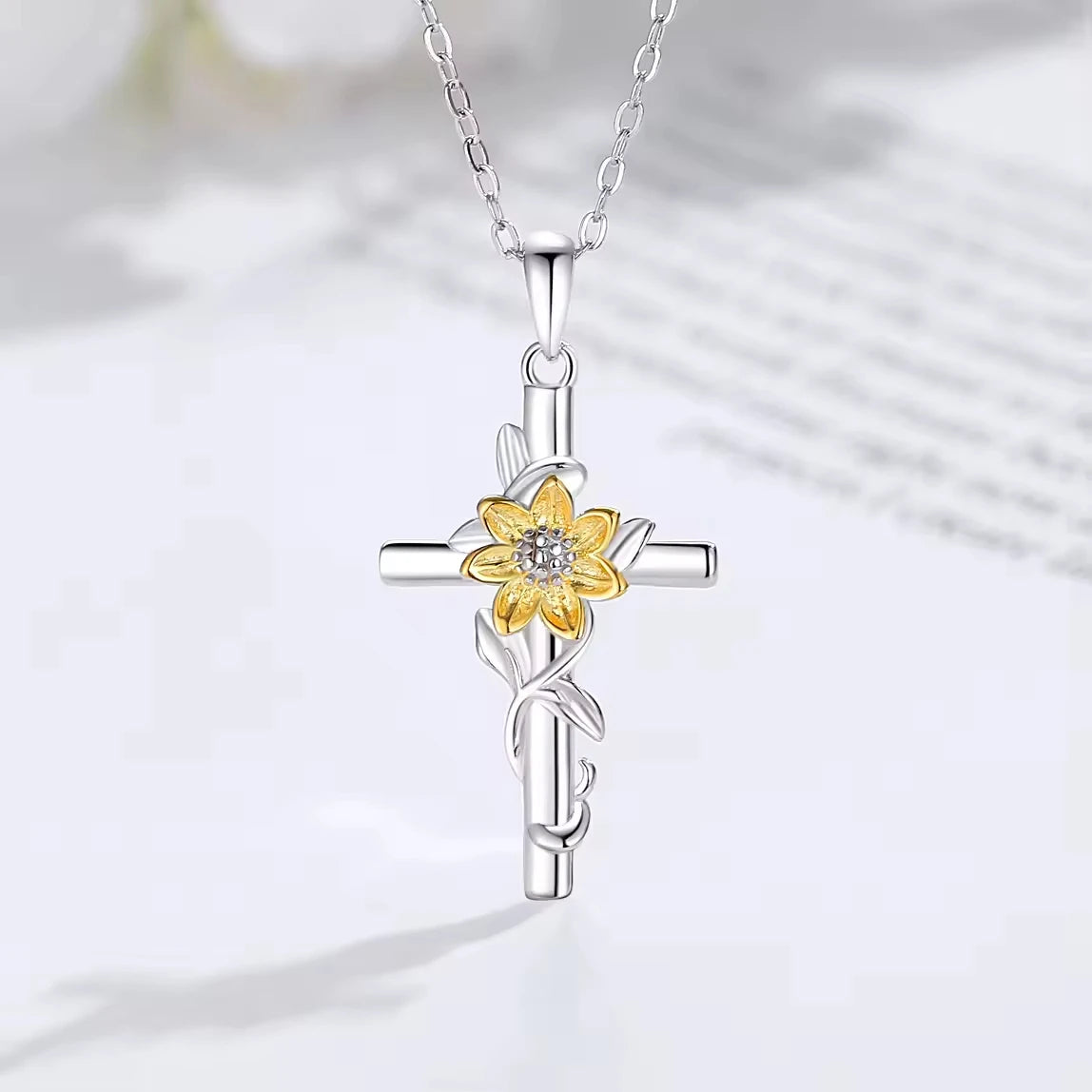Religious Theme Jewelry 925 Sterling Silver Two Tone Sunflower Cross Pendant Necklace