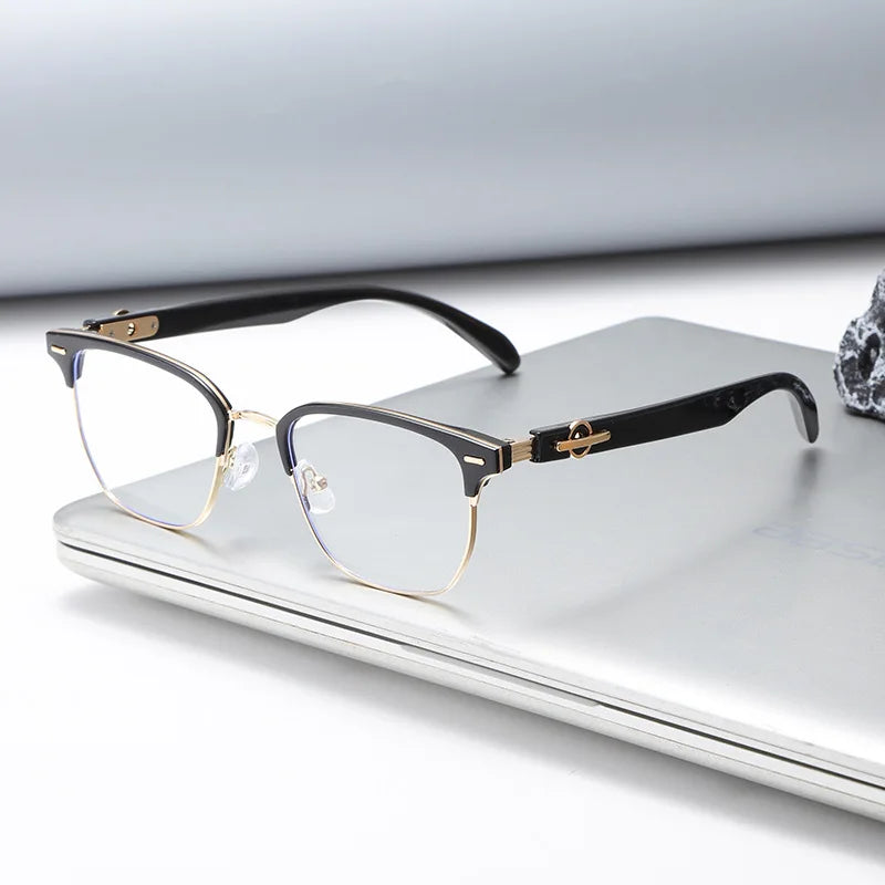 Good Quality Oversized Business Style Unisex Half-Rimmed Eyewear Wooden Leg TR90 Metal Eyebrow Anti Blue Light square Eyeglasses