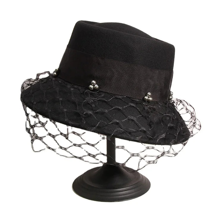 Fashion British Style Black Wool Felt Hats Wide Brim Bucket Tea Party Dress Hats Church funeral hat for women With Mesh Veil