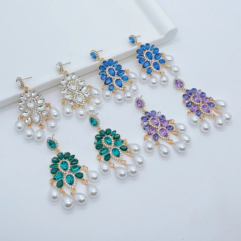 Ladies Rhinestone Glass Pendant Earrings Crystal Faux Pearl Flower Dangle Earrings