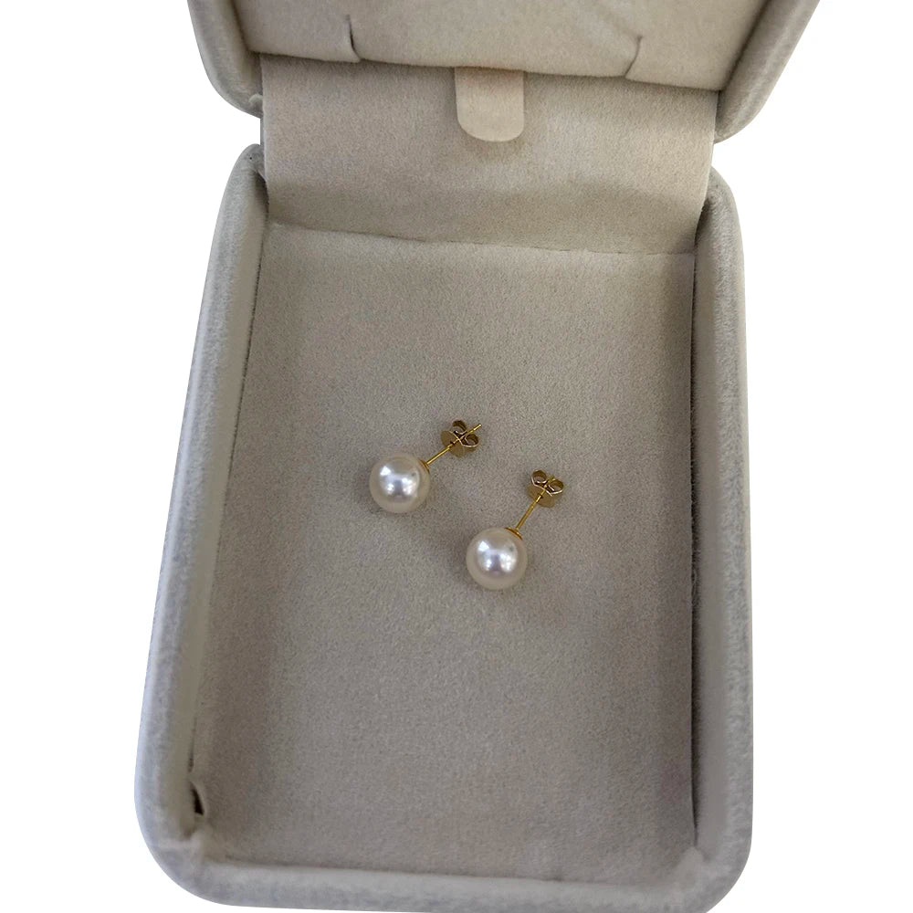 8-8.5 MM Akoya AU750 Real Solid 18k Gold Stud Earrings Seasalt Akoya Perfect Round Sea Salt Pearl Earrings-AAAAA High Luster Nat