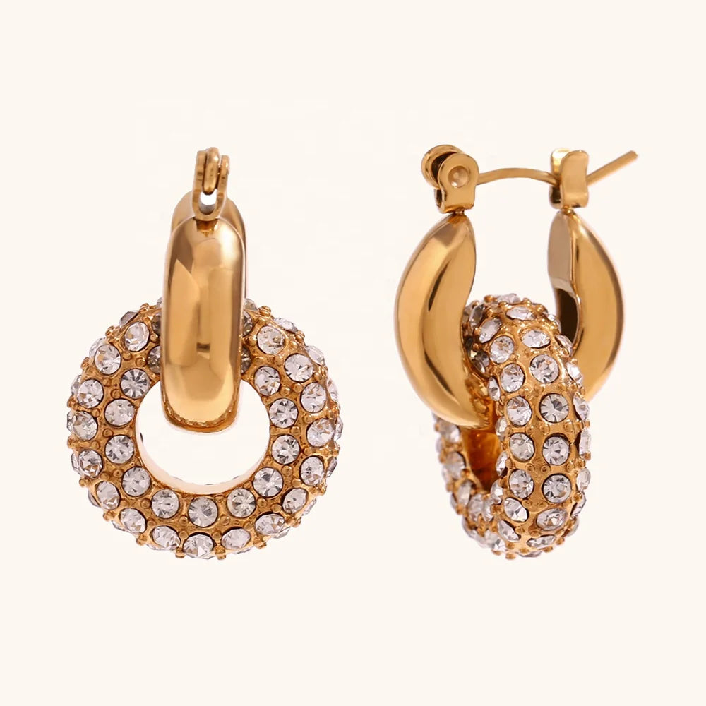 Dingran New Design Micro Zircon Drop Earrings Stainless Steel PVD Gold Plated Donut Shape Earrings