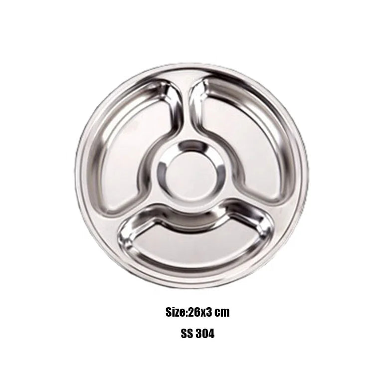 SS304 4 Lattices Circular Stainless Steel Dishes Children Divided Dinner Plate for Kids