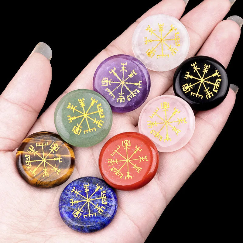 Natural Engraved Flat Round Vegvisir Luck Stone the Viking Compass / Runic Compass for Healing Crystal 25x25x5mm