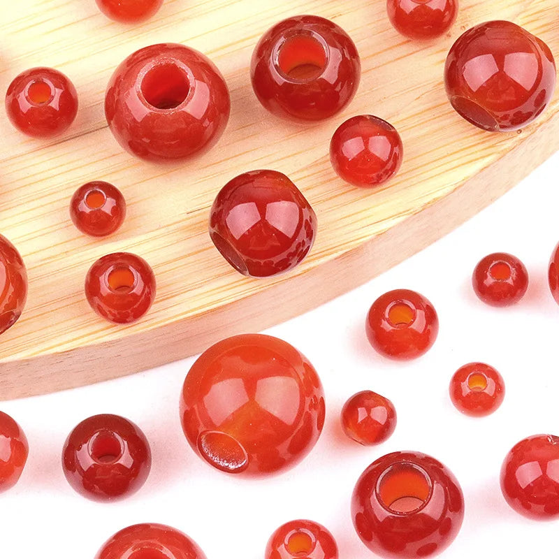 6/8/10/12/14mm Genuine Natural Red Agate Beads Large Hole Loose Round Gemstone Beads Big Hole Gem Charms for DIY Jewelry Making