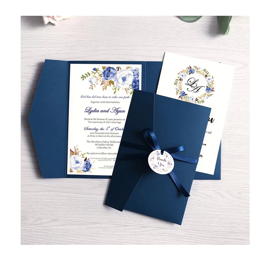 Navy Blue Velvet Wedding Invitation Envelope With Ribbon Convites De Casamento De Luxo