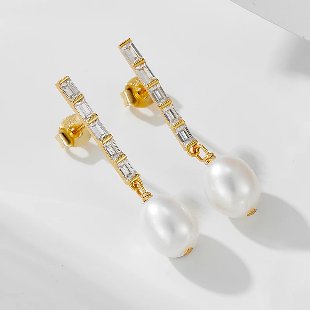 Wholesale High Quality Gold Plated Pearl Earrings Fine Jewelry 925 Sterling Silver Zircon Freshwater Pearl Earrings for Women