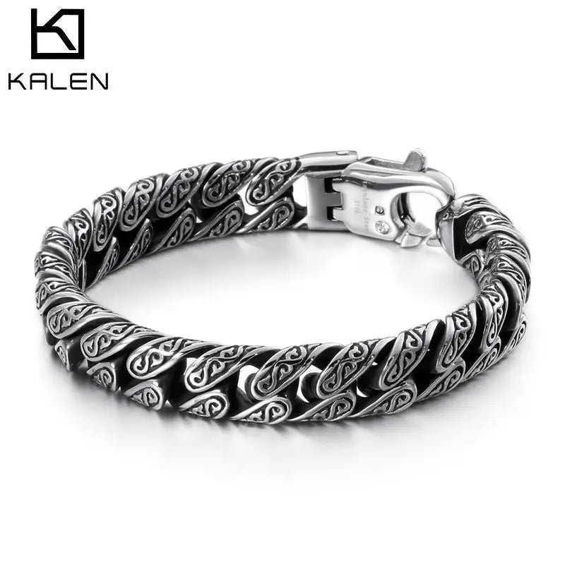 KALEN Totem Retro Jewelry Bracelets Mysterious Symbol Titanium Charm Stainless Steel Cuban Chain Link Bracelet Men