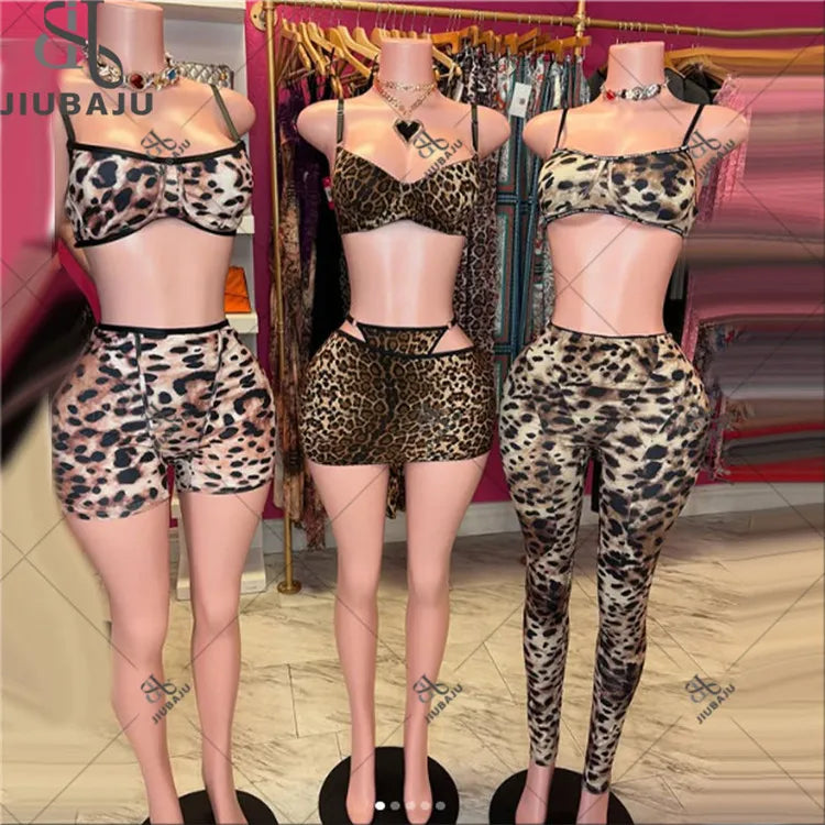 Fashion Leopard Print Skirt Sets Woman Outfit Spaghetti Strap Crop Camis + Slim Pant Suit