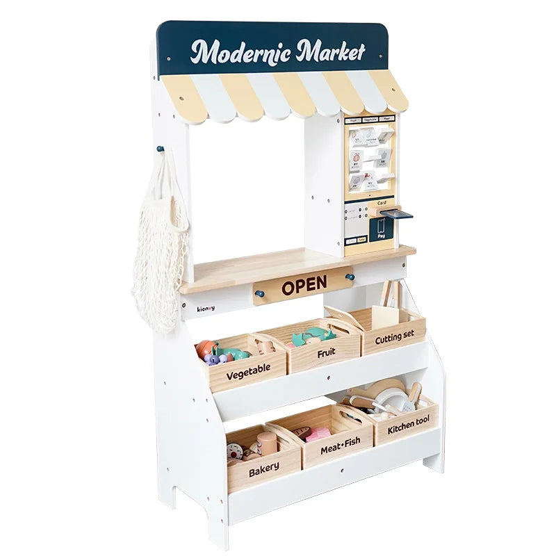 Children Wooden Role Play Toy Simulation Supermarket Fruit Stand Cash Register Play Game Kids Educational Wooden Kitchen Toy