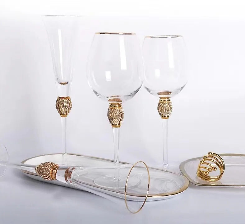 Customizable Wedding Wine Glasses Rhinestone Diamond Gold Rim Modern Toasting Long Stem Crystal Glass