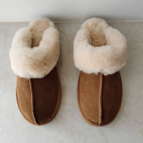 Cozy Indoor Winter Real Sheepskin Fur for Slippers Fuzzy House Natural Wool Slide Shoes EVA Outsole Real Cow Leather Slipper