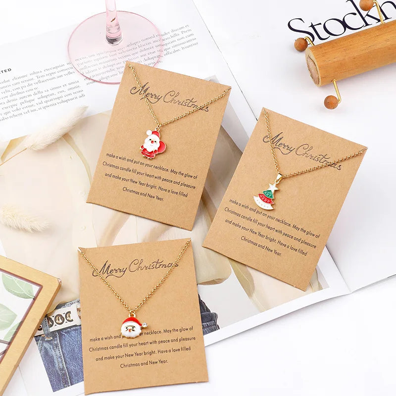 Christmas Necklace Merry Christmas Wish Card Red Oil Drop Cute Snowman Christmas Tree Socks Santa Claus Necklace for Gift