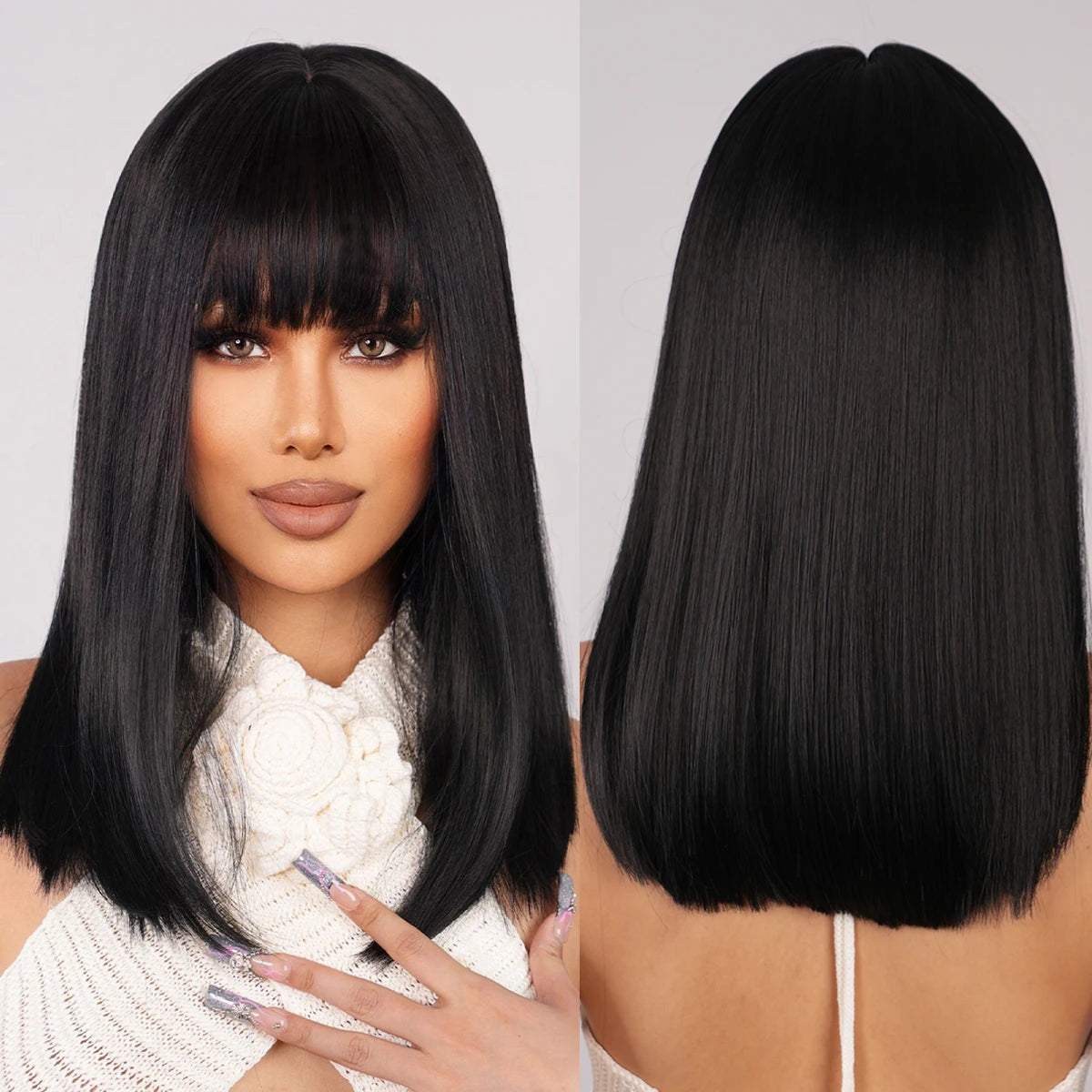 Wholesale Medium Black Straight Synthetic Wigs Natural False Hair Short Wigs for Women With Bangs Fiber Wig