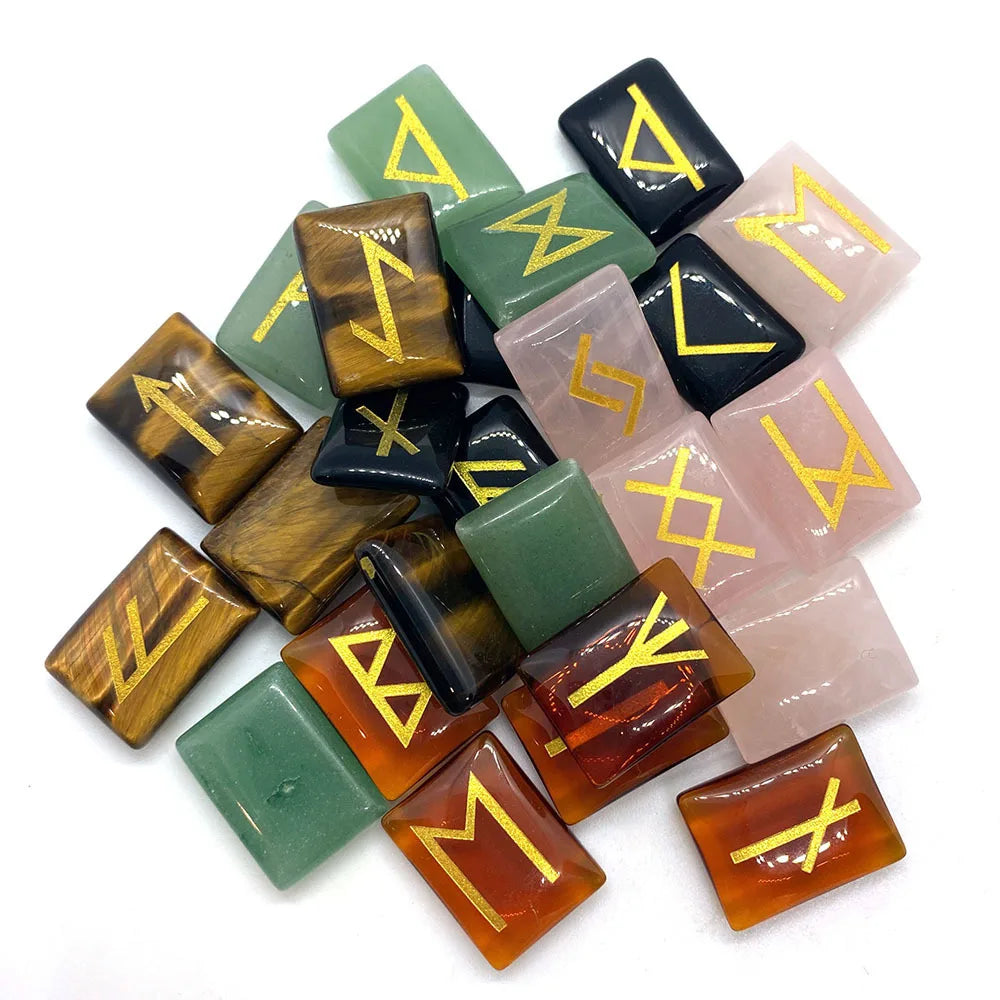 25pcs Black Obsidian Tiger Eyes Green Aventurine Rune Stone Set Runic Alphabets Engraved Lettering Wicca Crystal Reiki Set