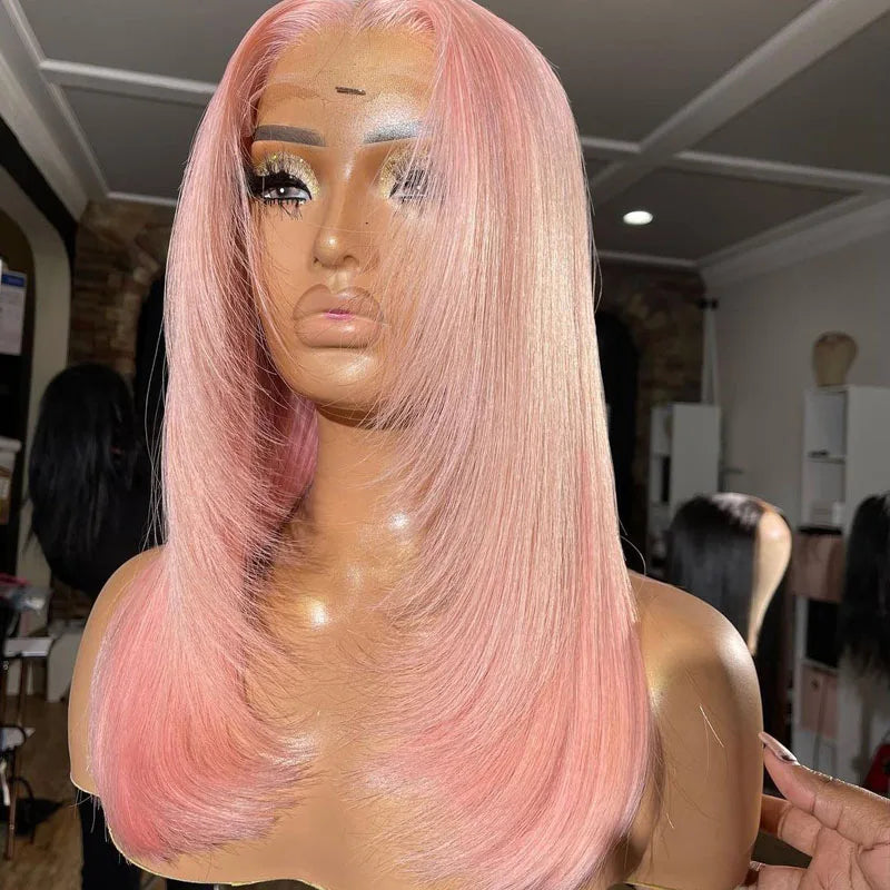 Pink 13*4 Lace Frontal Pre-Plucked Straight Bob Wigs for Women No Tangled Bleached Buckle Cuticle Aligned Human Hair Wigs