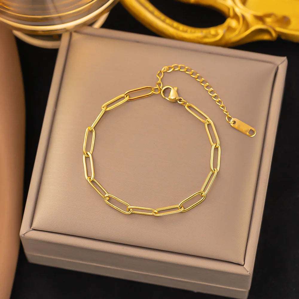 Simple Jewelry 18K Gold Plated Paper Clip Chain Link Bracelet Necklace Stainless Steel Woman Bracelet