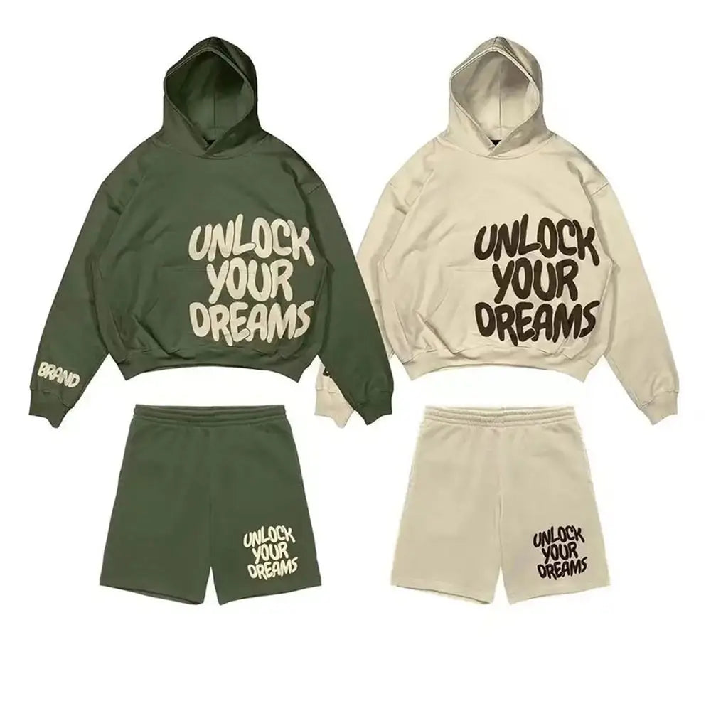 Custom Autumn Street Style 100% Cotton Terry Screen Printed Shorts and Hoodie Set Oversize Sportswear Designer Tracksuit for Men