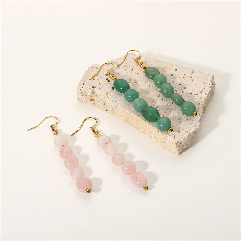 Fashion Retro INS Stainless Steel Natural Stones Earrings Tassel Pendant Long Earrings Crochet Earrings Hook Jewelry for Women