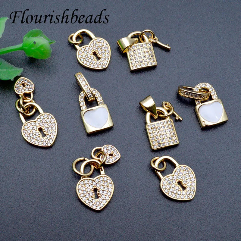 Luxury Gold Plated CZ Paved Small Lock Pendant Charms for DIY Bracelet Necklace Making