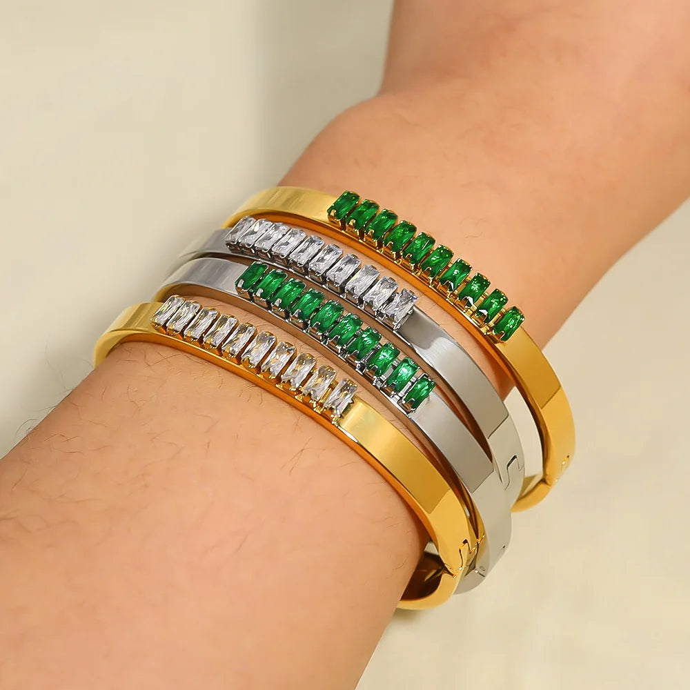 MC197 Wholesale Stainless Steel Retro Style Gold Plated Bracelet Green White Zircon Cuff Bangle Jewelry Fashionable Bangles