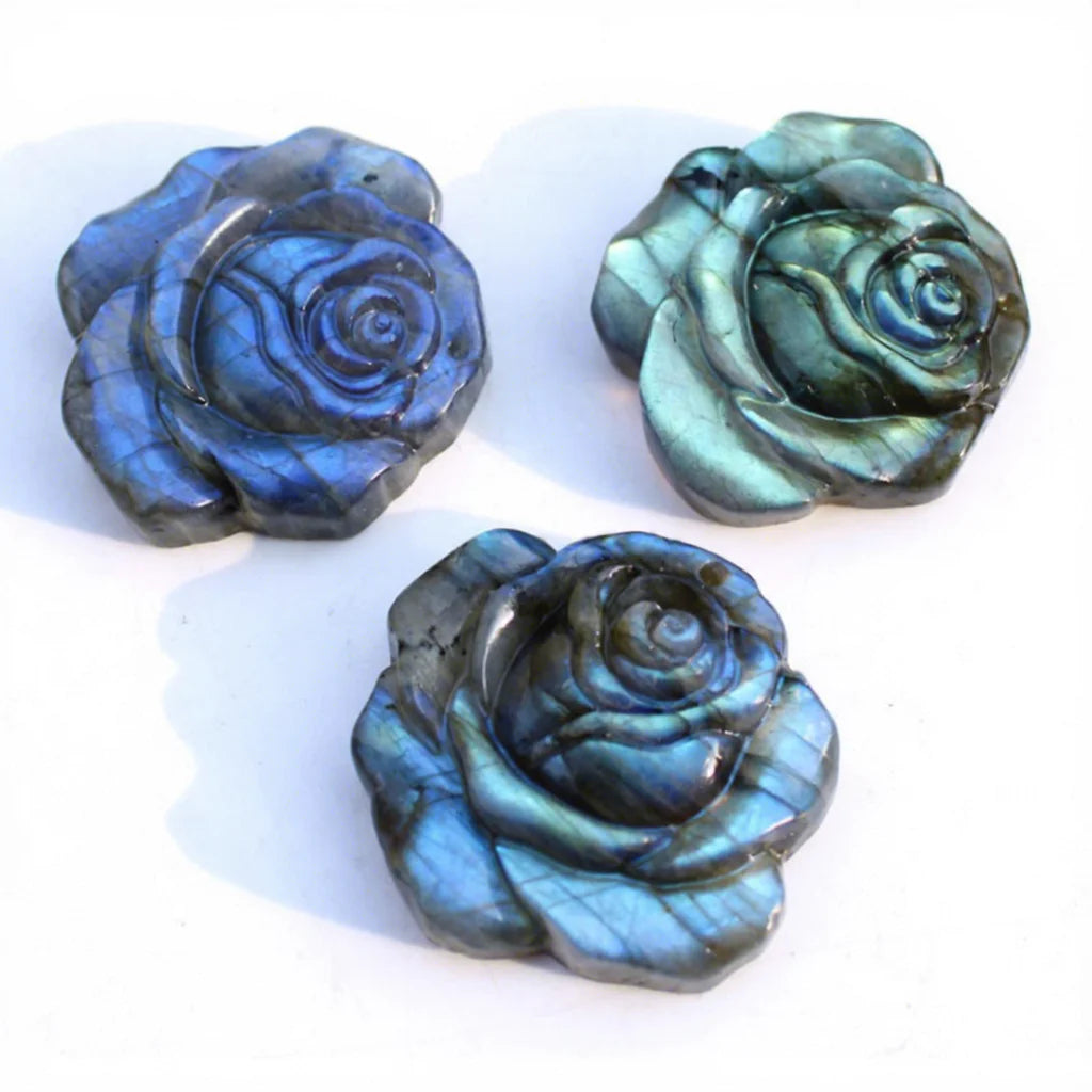 Hand Carved Natural Blue Flash Labradorite Crystal Rose Flower Carving Pendant for Sale