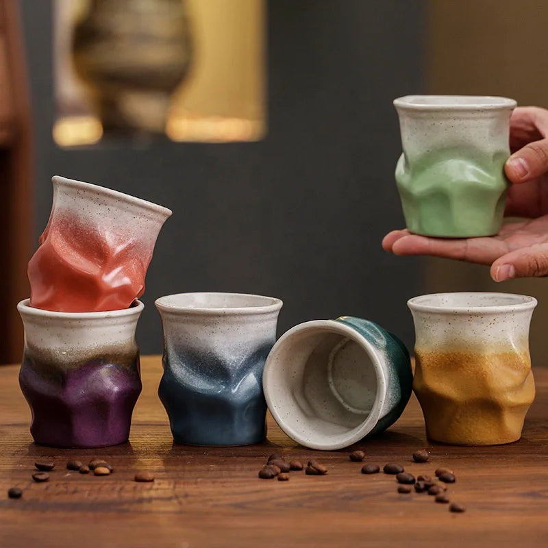Hand-Pinch Pleated  Design Porcelain Coffee Cup Irregular Ceramic Kiln Change Tea Cup Business Gift Set Retro Water Cup