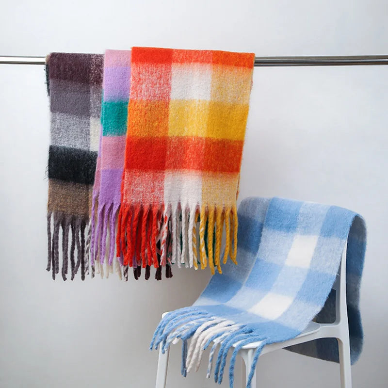 Large Buffalo Plaid Multi Check Fringed Maxi Bufandas Fluor Big Tartan Shawl Winter Scarf for Women