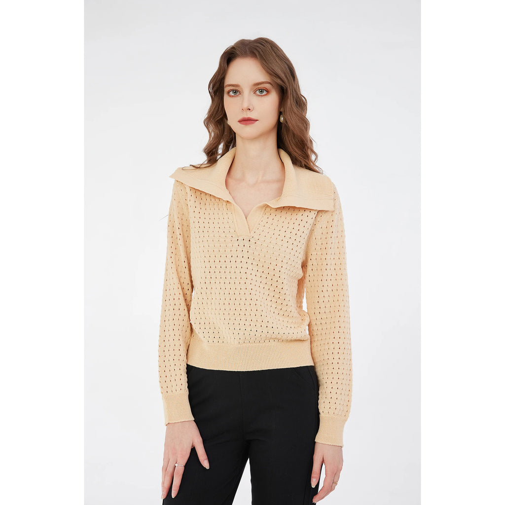 Wholesale Women's Long Sleeve Pointelle Knit Polo Knitwear Vintage Style V-Neck Hollow Out Pullover Top for Spring Autumn