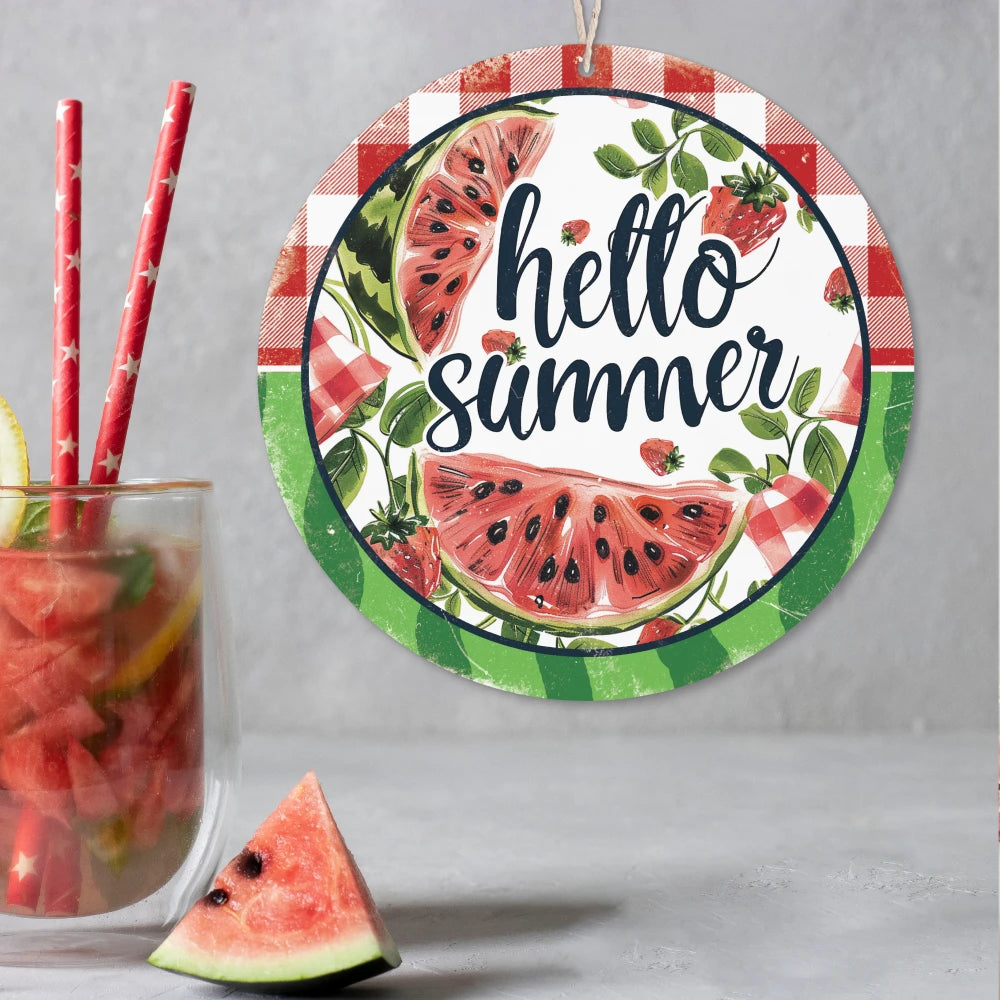 Hello Summer Round Wooden Hanging Wall Sign Beach MDF Plaque Welcome Beach Wood Decor With Rope