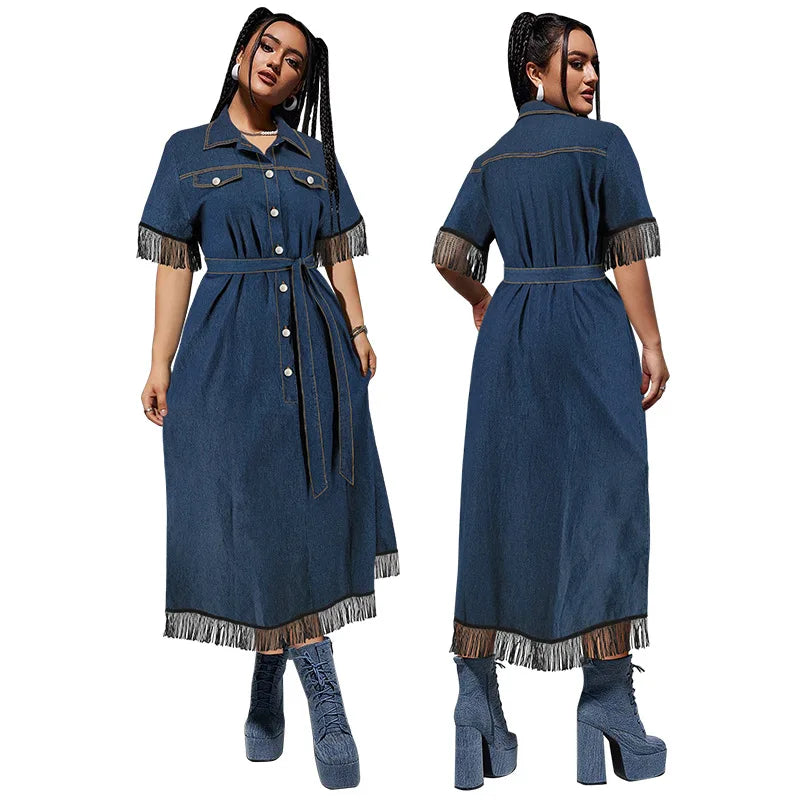 Y218383 Plus Size Denim Dresses Women Casual Short Sleeve Turn-down Collar Tassels Jeans Dresses Women Long Dress for Ladies