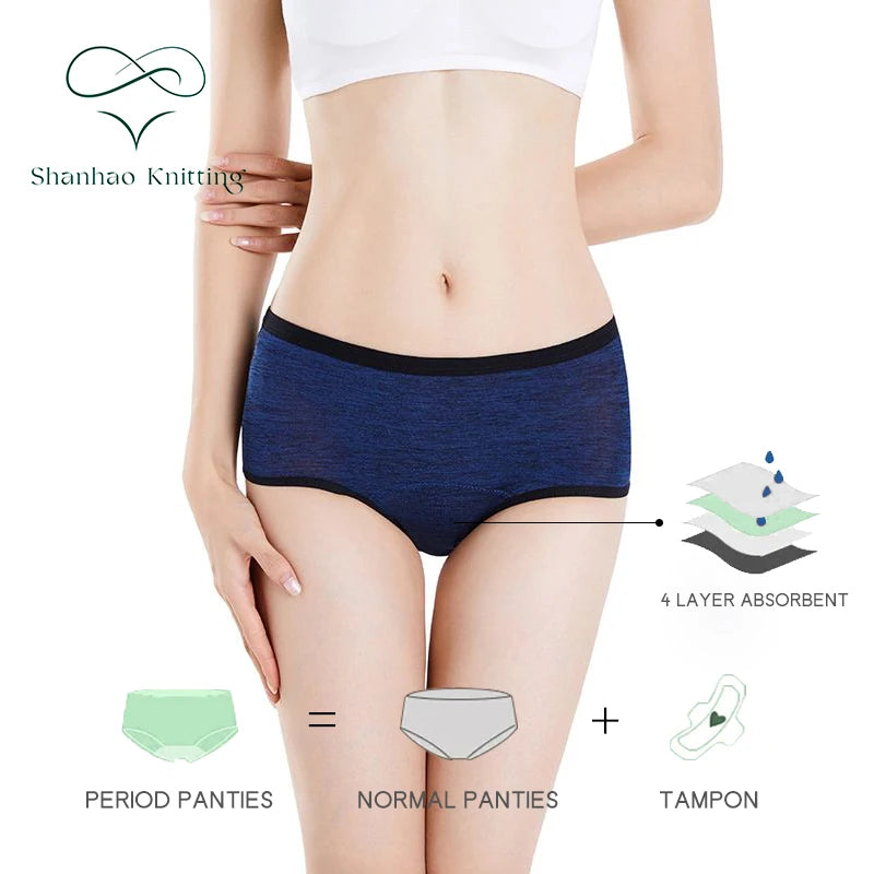Shanhao OEM Leakproof Panties Knitted Organic Cotton Hipster Menstrual Panties 4-Layers Absorbent Performance Period Underwear