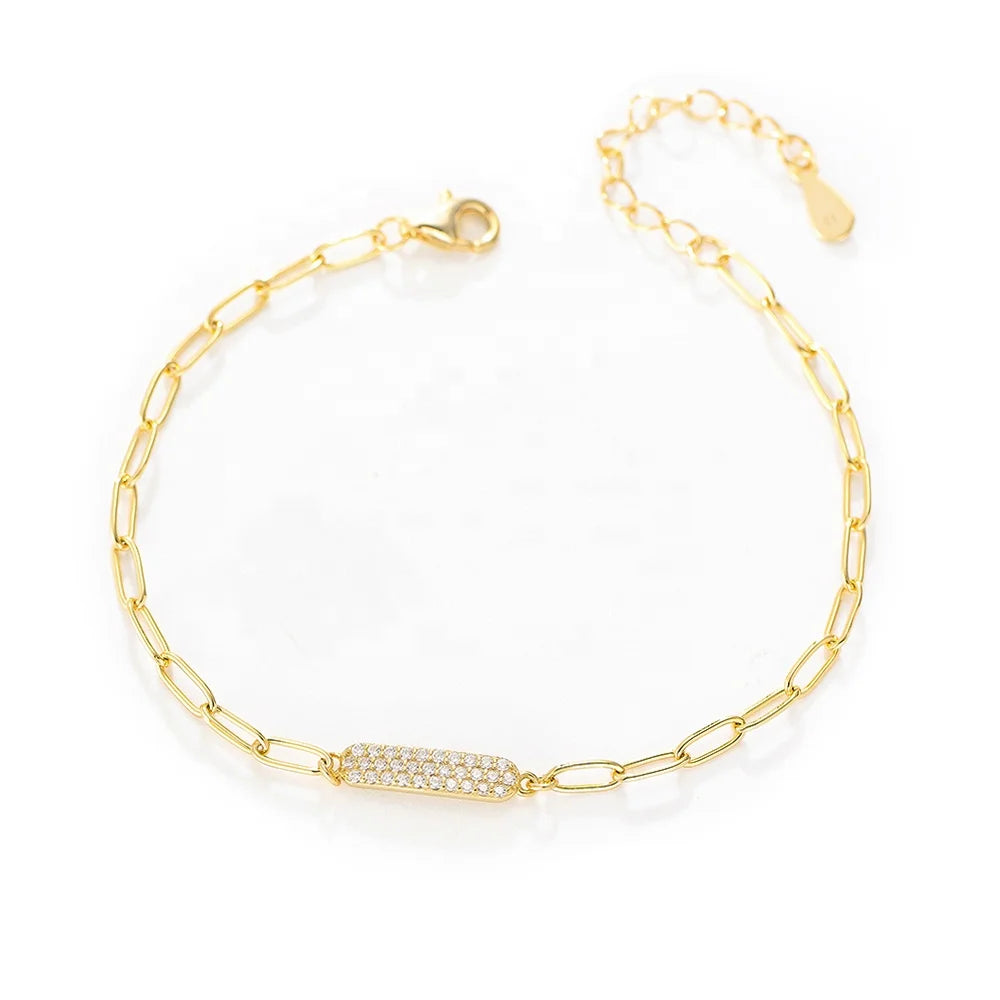 Hot 925 Sterling Silver Gold Plated Jewelry Custom Gold Vermeil Diamond  Long Cz Zirconia Charm Small Name Plate Chunky Bracelet