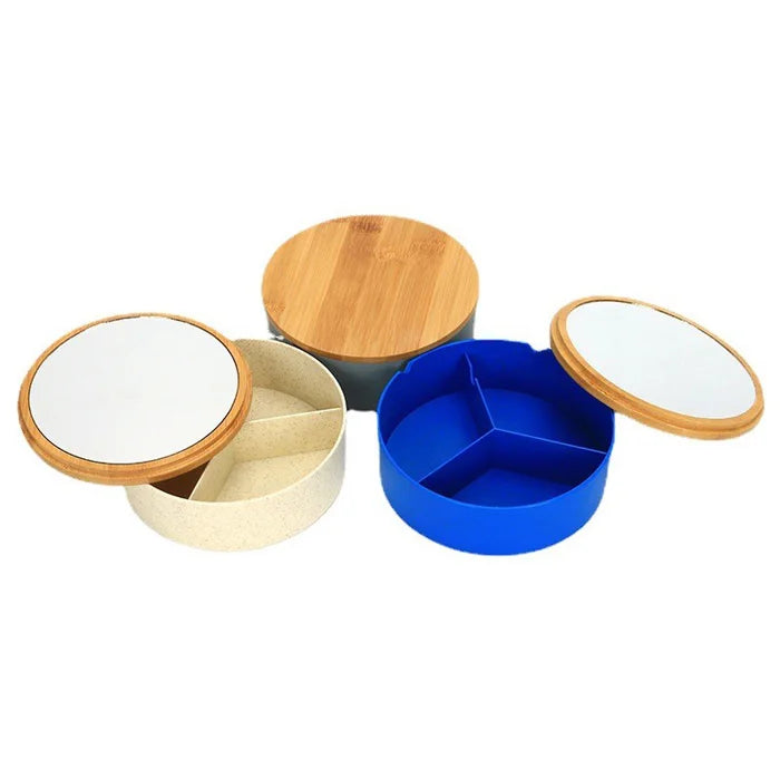 Bamboo Lid Plastic Cosmetic Organizer Box and Jewelry Storage Case Display with Mirror