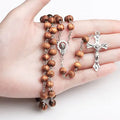 Christ Jesus Virgin Mary Necklace Cross Long Rosary Religious Necklace Handmade Solid Wood Rosary Necklace for Men Women