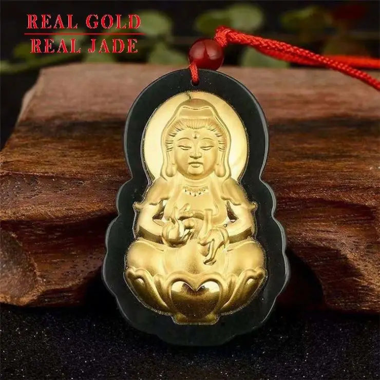 Factory Live Broadcast Gold Inlaid With Jade Hetian Jade Black Jade Men's And Women's  Gold Guanyin Buddha Pendant Gift