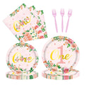 1 Year Old Birthday Party Supplies Sets Flower Rim pink Paper Plates Cup for Girl Birthday