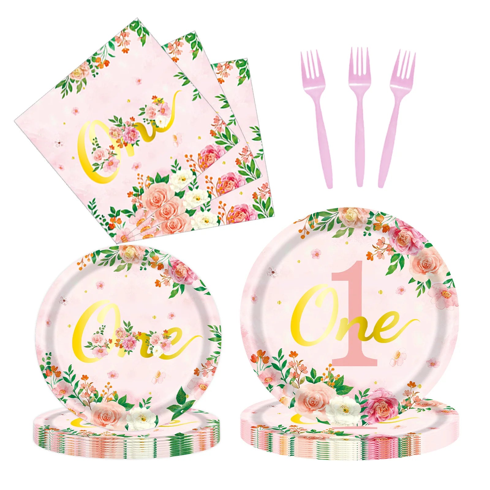 1 Year Old Birthday Party Supplies Sets Flower Rim pink Paper Plates Cup for Girl Birthday