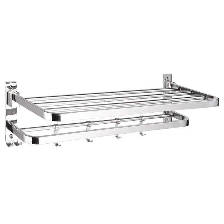 AKPN Modern 304 Stainless Steel 60cm Towel Shelf Wall-Mounted Towel Racks with 5 Hooks for Home Hotel Bathroom