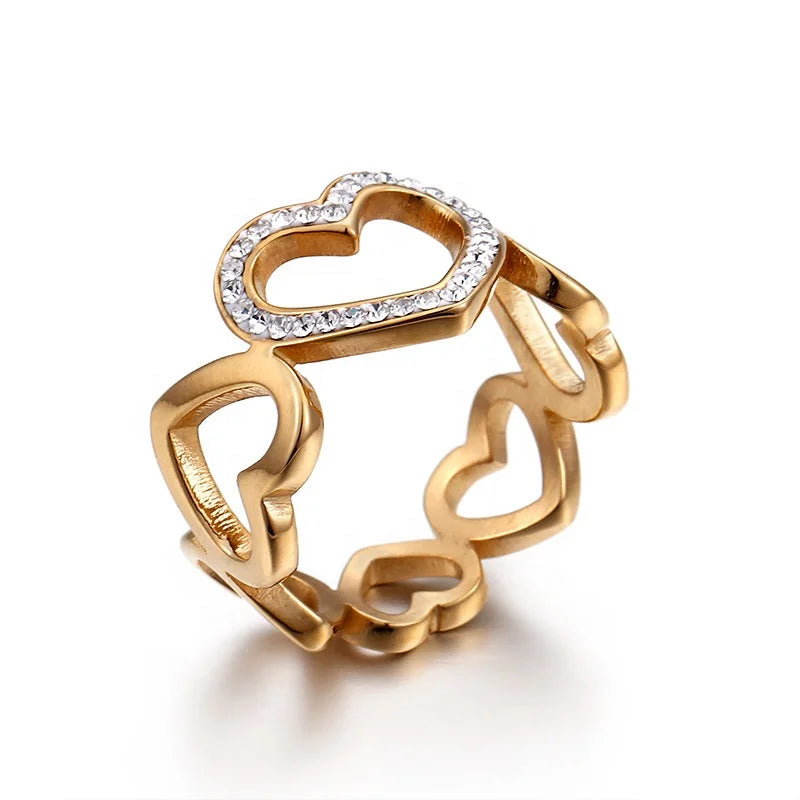 Hot Sale New Design Round Hollow Stainless Steel Gold Plated Heart Zircon Women Wedding Rings