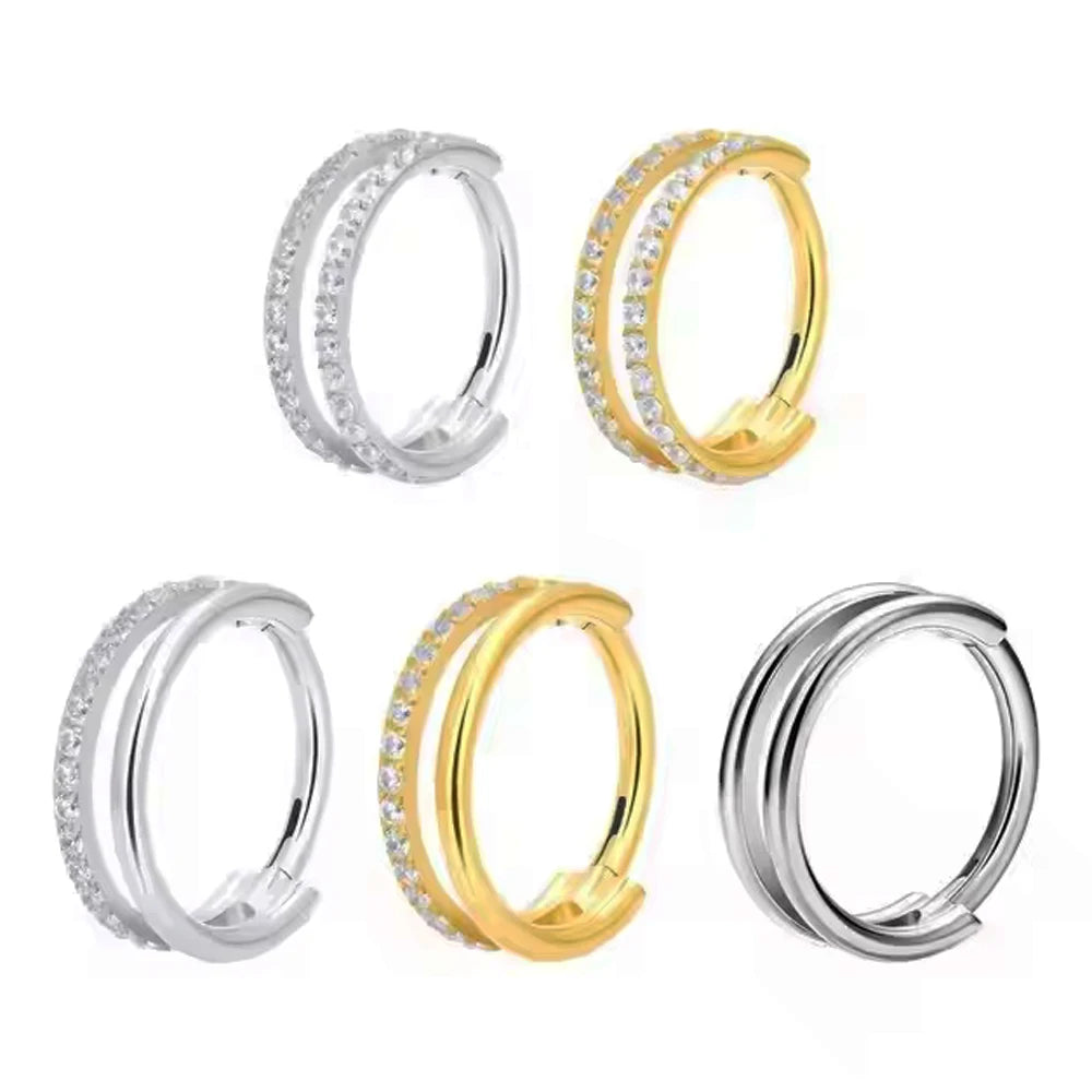 ASTM F136 Titanium Piercing 16G Fashion Earrings Nose Septum Hoop Ring Double-row CZ Sparkling Women Daily Wear Jewelry