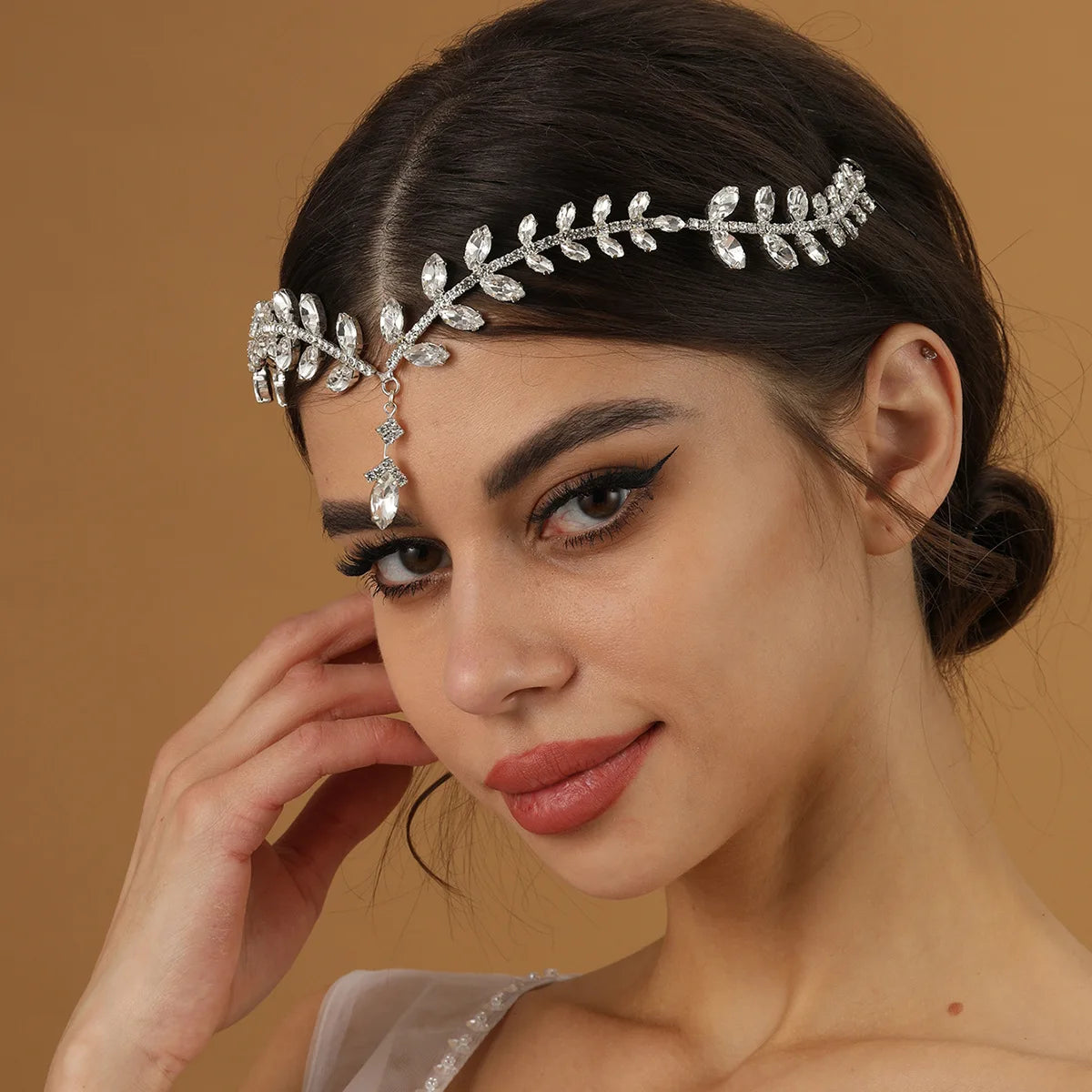 Bridal Rhinestone Tassel Forehead Wedding Hair Hoop Headwear Crystal Hairband for Women