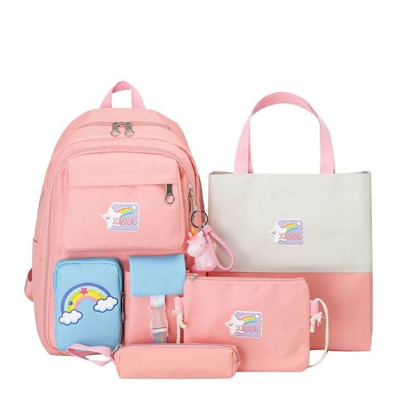 New Mochilas Kawaii Cartable Scolaire Cartoon Books Women Casual Travel School Student Bag 5 Piece Set Backpack for Girls