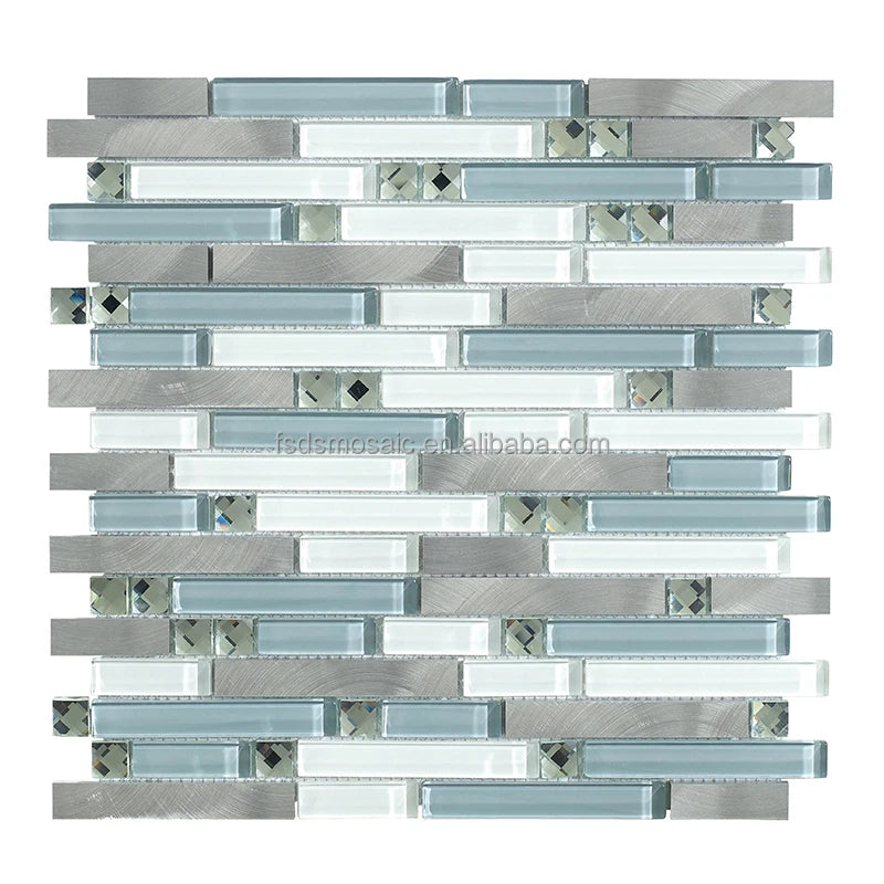 White Color Strip Shape Decoration Gloden Plating Strip Shape Backsplash Wall Glass Mosaic Mixed With Metal